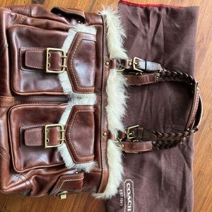 Coach Leather Tote with Fur Trim in Color Whiskey